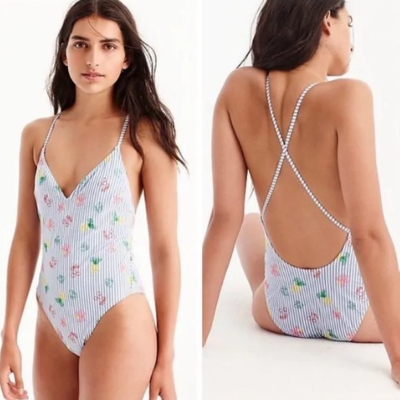 NWT J. Crew Seersucker V Neck One Piece Swimsuit with Embroidered Fruit
